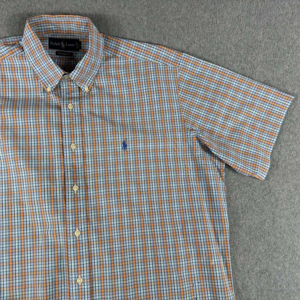 Vintage Ralph Lauren Classic Mens L Blue Orange Plaid Short Sleeve Button Down